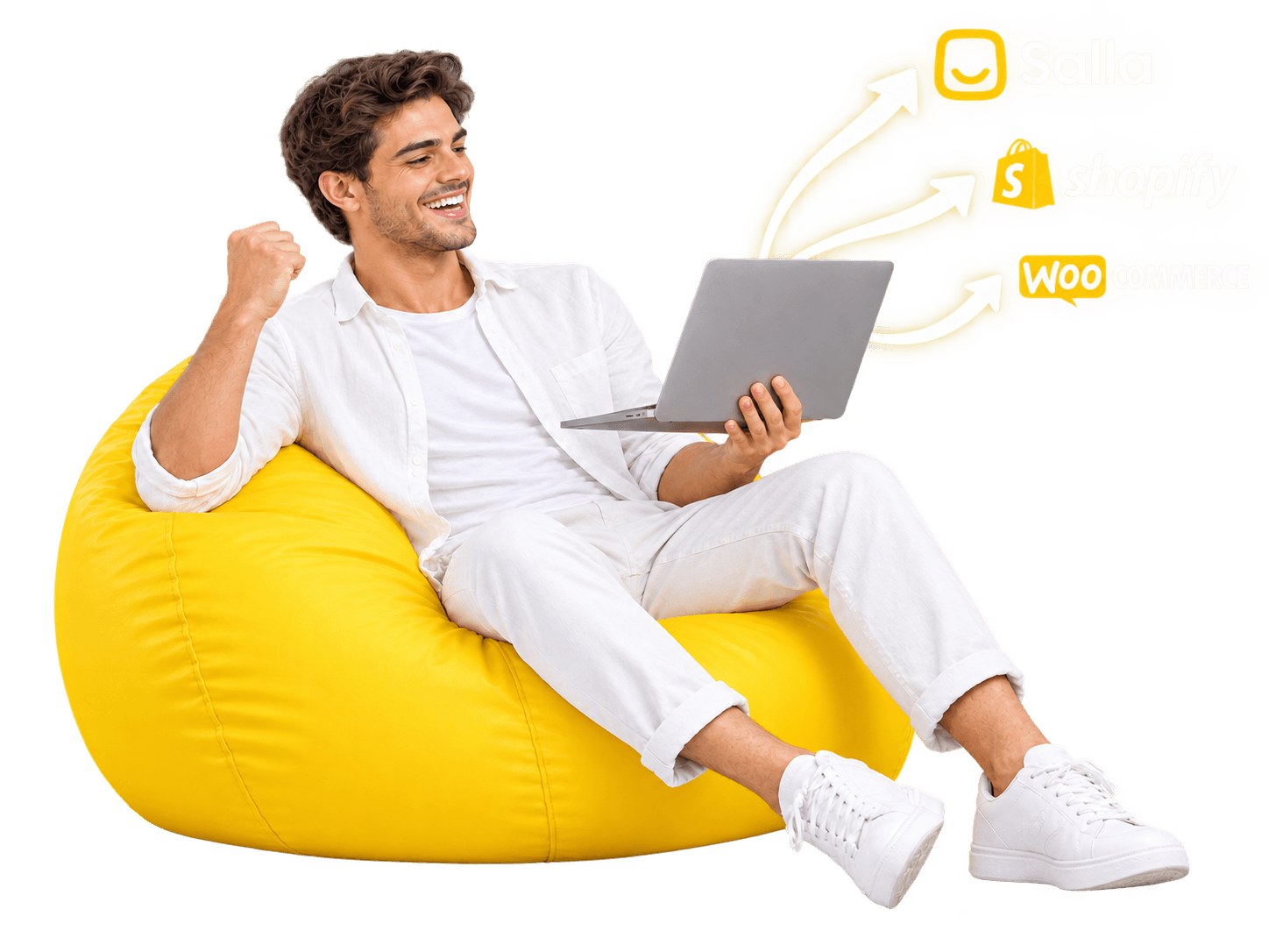 شخص يستخدم حاسوبًا محمولًا على مقعد أصفر بجانب شعارات سلة وشوبيفاي وووكومرس