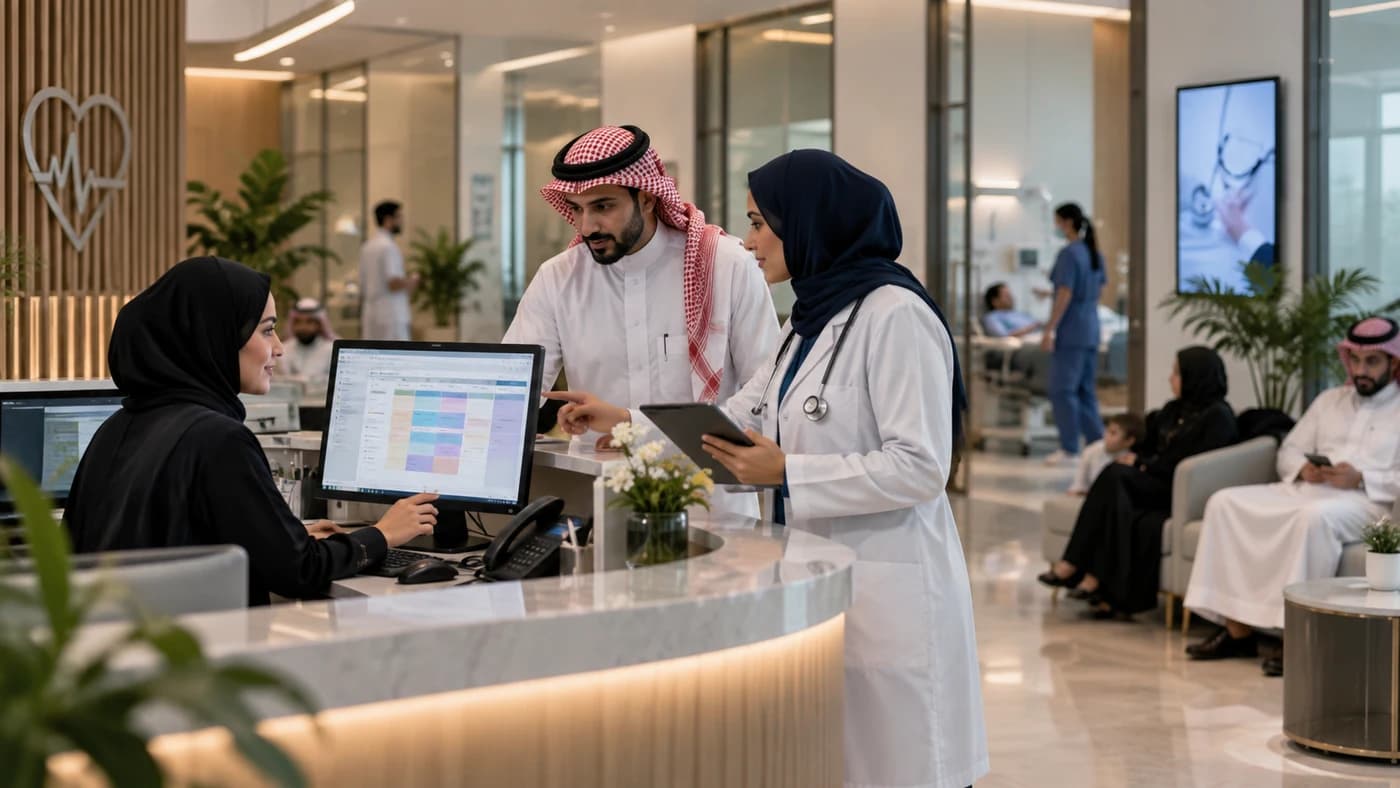Clinic management dashboard connecting appointments patients and billing in Saudi Arabia